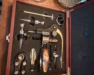 Cased bar tool set with corkscrews and stoppers