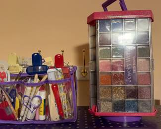 Caddy of embroidery floss, markers and craft tools