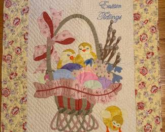Handmade Easter quilt with applique basket, chicks and bunny