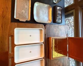 Silver plate trays, milk glass dishes and a box