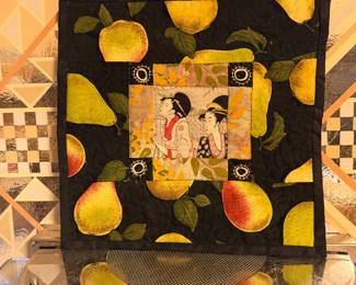 Handmade quilted table runner with pear and lemon applique