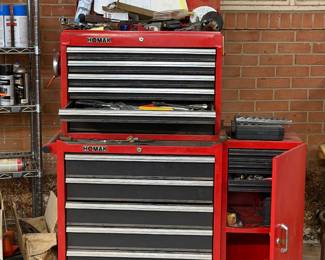 Red Homak rolling tool chest and top box