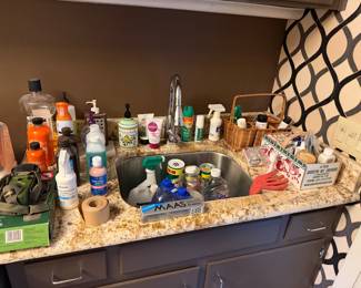Bar counter with bottles and bar accessories