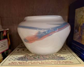 White art glass bowl with trailed color decoration