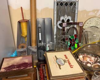 Stained glass panel, pot metal pieces and vintage boxes