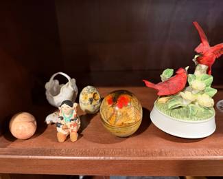 Cardinal figurine, music boxes and small ceramics