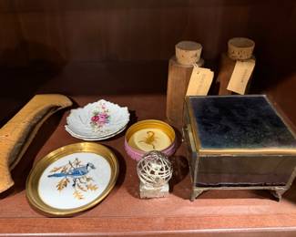 Hand painted porcelain dishes and a decorative box