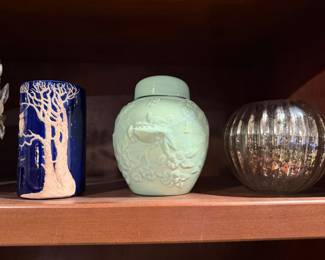 Art pottery vases including a blue tree design