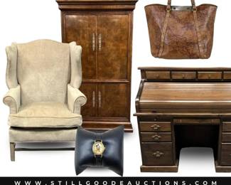 Henredon, vinyl record albums, Avon cape cod dishes, oil lamps, amberina, binoculars, milk glass, Tony Lama cowboy boots, golf clubs, golf accessories, mirrors, foo dogs, steins, luggage, and more