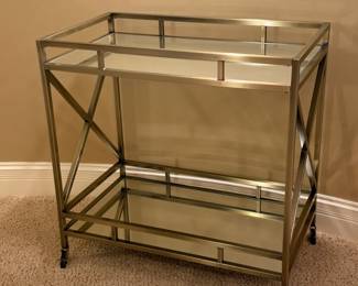 Silver-Tone Two-Tier Mirrored Bar Cart with X-Braced Sides