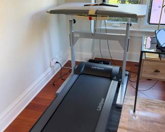 LifeSpan TR1200-DT treadmill and DT-5 standing desk. Monitor excluded; floor mat inclusion unconfirmed. See CTBids lot details.
