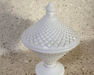 Vintage Milk Glass Diamond Point Covered Compote