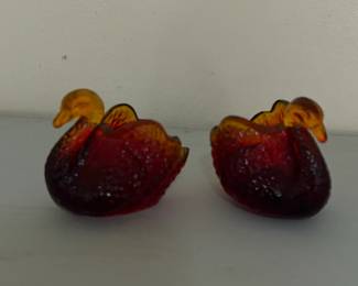 Pair of Viking Glass Amberina Swan Dishes
