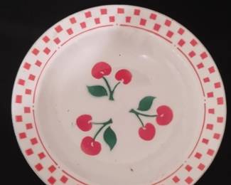 Vintage Red Cherry and Checkerboard Pattern Plate