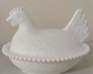 Vintage Indiana Glass White Milk Glass Hen on Nest Covered Dish