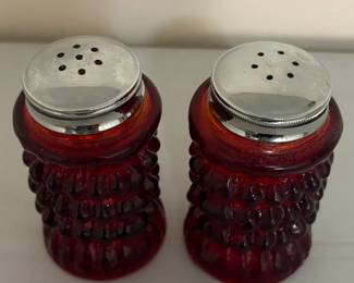 MidCentury Ruby Red Hobnail Salt and Pepper Shakers second image