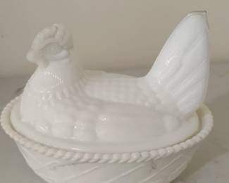 Milk Glass Hen on Nest Covered Dish B
