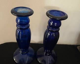Vintage Cobalt Blue Recycled Glass Candlesticks second image
