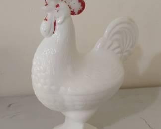 Westmoreland Milk Glass Rooster Covered Dish