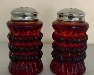 MidCentury Ruby Red Hobnail Salt and Pepper Shakers