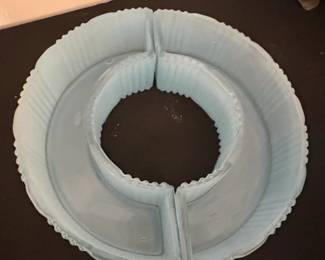 Vintage Art Deco Blue Satin Glass Ring Flower Vase Set
