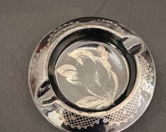 Vintage Black Glass Ashtray with Silver Overlay