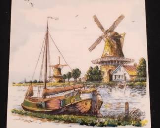 Delft Blue Style Windmill and Boat Ceramic Tile