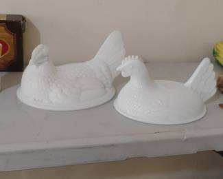 Vintage Milk Glass Hen on Nest Lidded Dishes