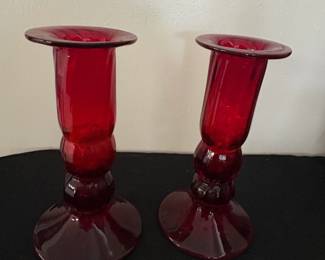 Pair of Vintage Viking Glass Ruby Red Candlesticks
