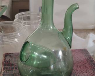 Vintage Italian HandBlown Green Glass Wine Decanter with Ice Chamber