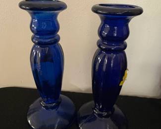 Vintage Cobalt Blue Recycled Glass Candlesticks
