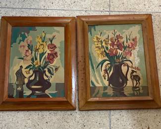 Vintage MidCentury PaintbyNumber Floral Still Life Pair