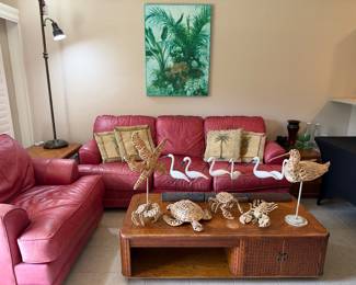 RED LEATHER SOFA & MATCHING CHAIR