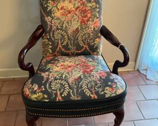 Floral & Navy Leather High Back Armchair $150