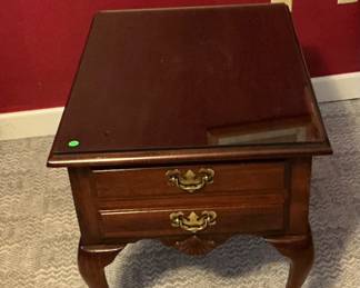 2 drawer Wood End table with glass top $75
