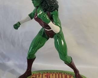 1990s Hand Painted Sensational SheHulk SuperHero Statue with Homemade Wooden Base Marvel Comics