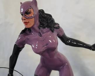 1990s Hand Painted Catwoman Superhero Villain Statue with Wooden Base