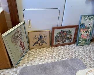 Lot of 4 Vintage Needlework Crewel Wall Art