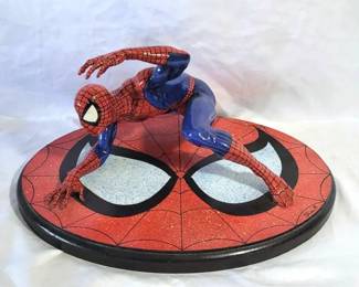 1990s Hand Painted Spiderman Superhero Statue with Homemade Wooden Base Marvel Comics