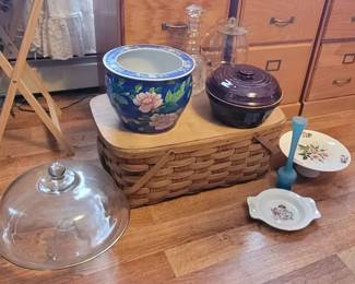 Miscellaneous Glassware and Kitchenware Including Crystal Decanter and Picnic Basket