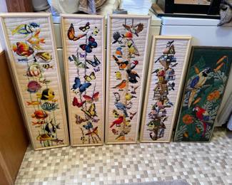 Lot of 5 Tall and Skinny Vintage Needlework Crewel Wall Art