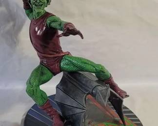1990s Hand Painted Green Goblin SuperVillain Statue with Homemade Wooden Base Marvel Comics
