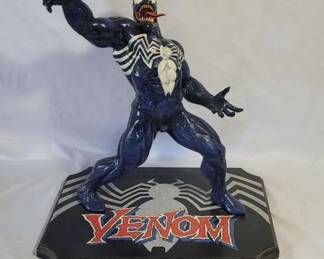 1990s Hand Painted Venom Superhero Villain Statue with Homemade Wooden Base Marvel Comics
