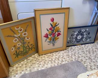 Lot of 3 Floral Vintage Needlework Crewel Wall Art