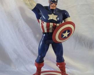 1990s Hand Painted Captain America Superhero Statue with Homemade Wooden Base Marvel Comics