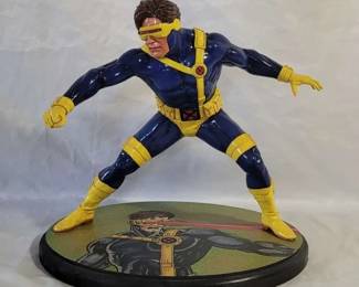 1990s Hand Painted Cyclops XMen Superhero Statue with Homemade Wooden Base Marvel Comics