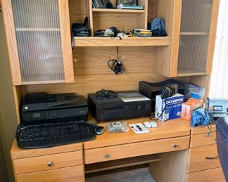Desk with cabinet hutch; HP Offficejet 4632 printer; Yamaha stereo receiver; Computer keyboards; Sony 5-disc changer