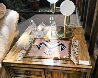 MCM side table/console, glass + brass table lamp