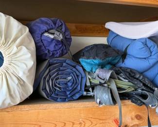 Camping gear, including large rain canopy, air mattresses, Coleman air bed, pillows, sleeping bag