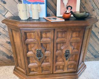 MCM Drexel Esperanto-style semi-hexagonal cabinet with slate top